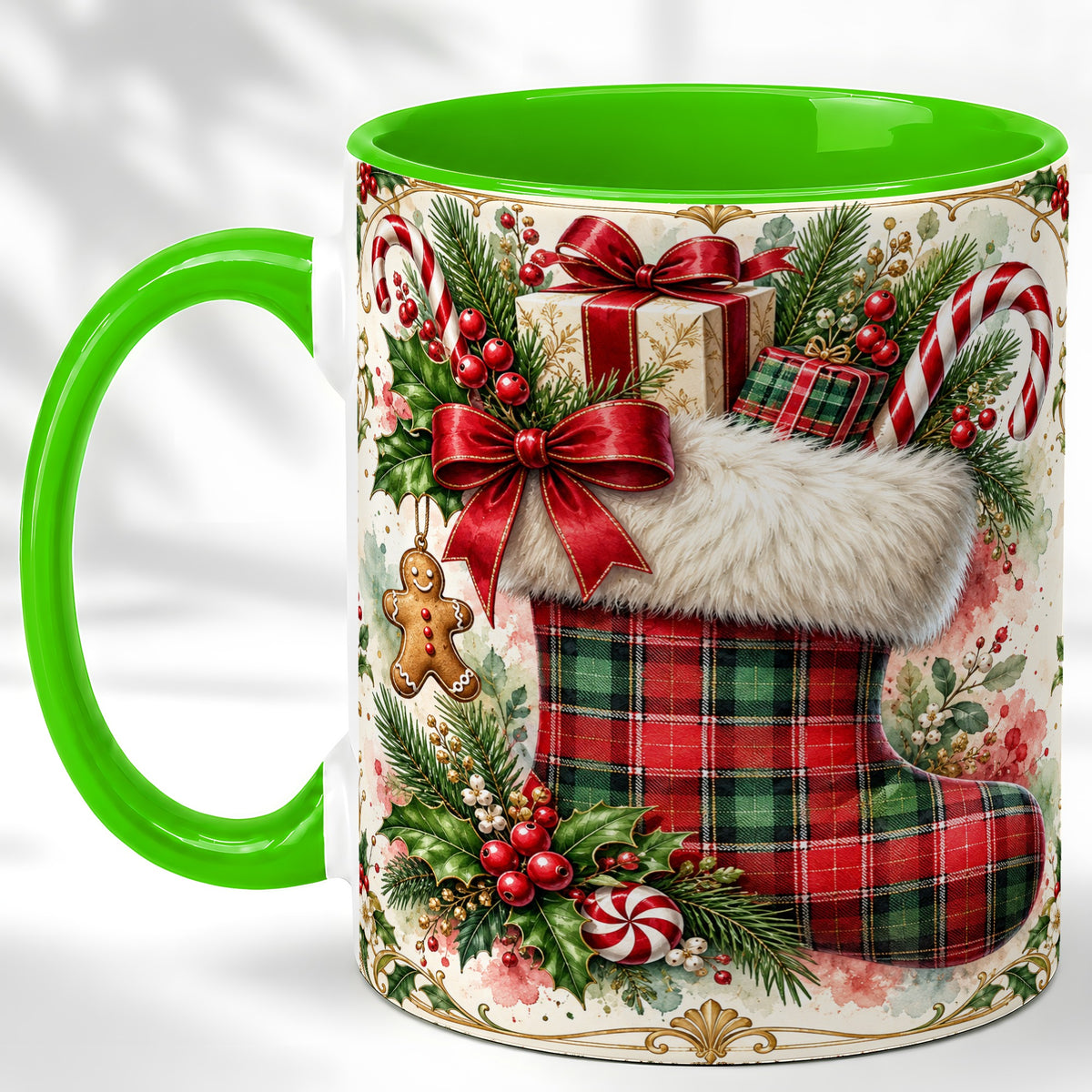 #pl[11oz|Green] Plaid Christmas Stocking Coffee Mug, Holiday Mug, Ceramic Cup