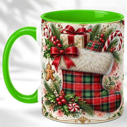 #pl[11oz|Green] Plaid Christmas Stocking Coffee Mug, Holiday Mug, Ceramic Cup