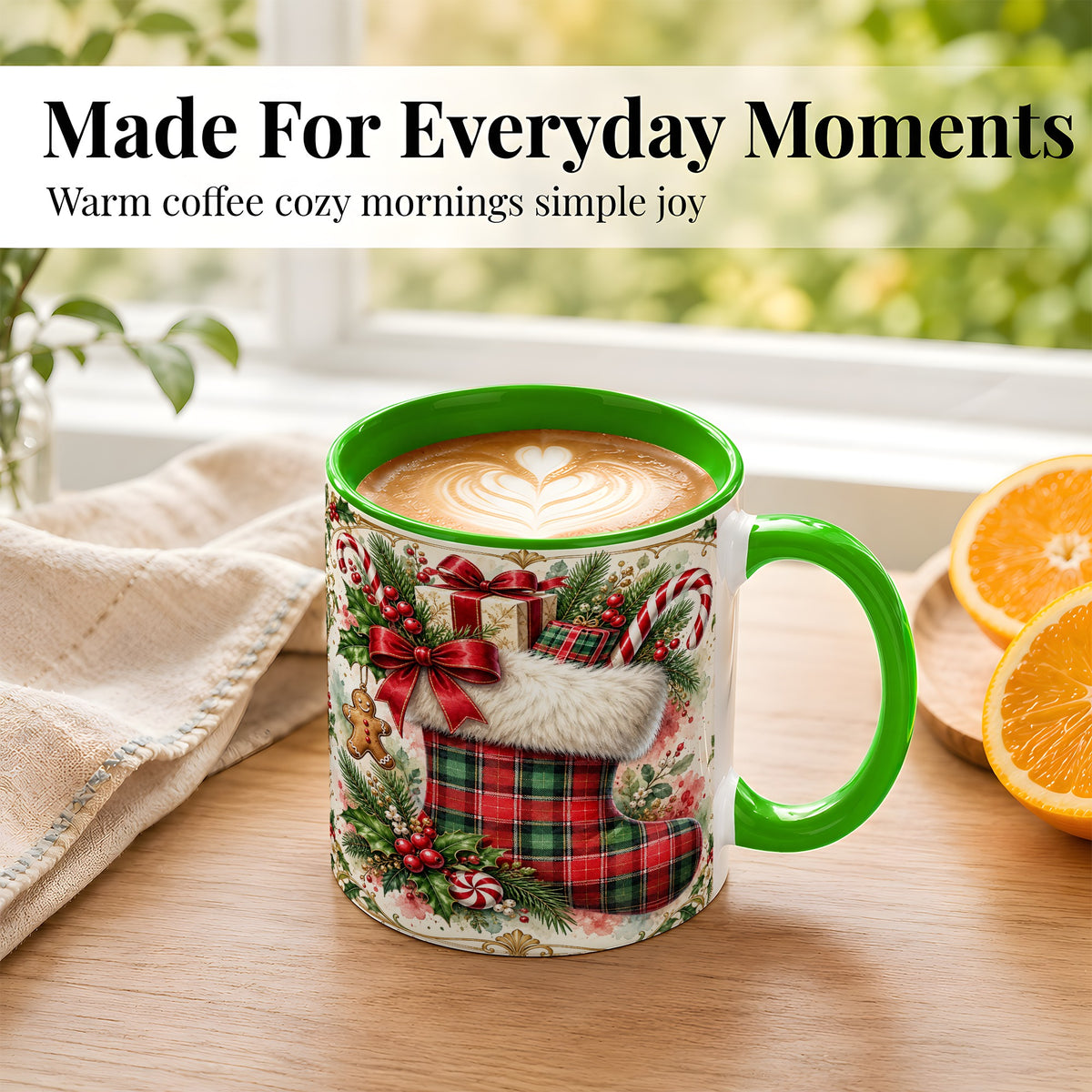 #pl[11oz|Green] Plaid Christmas Stocking Coffee Mug, Holiday Mug, Ceramic Cup