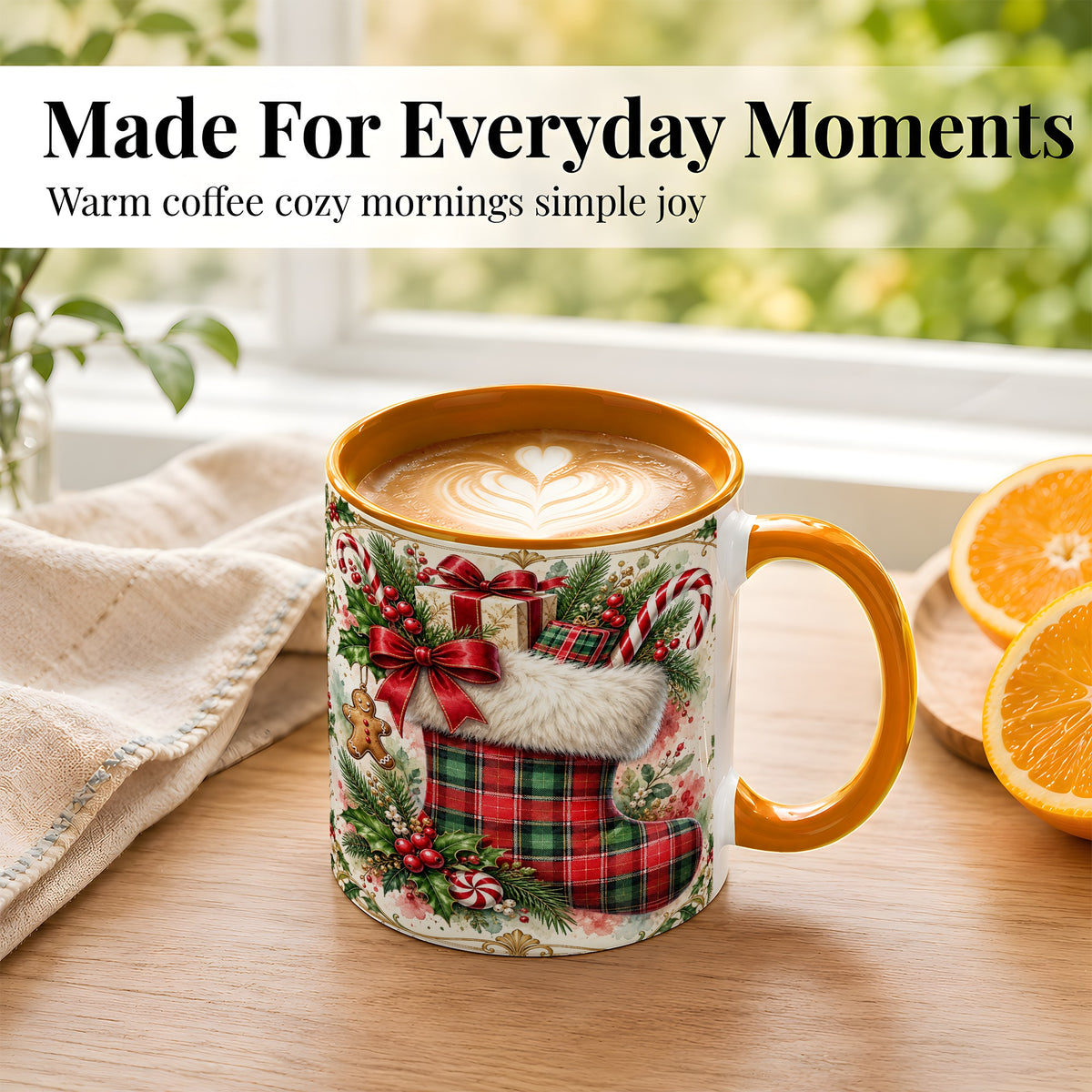 #pl[11oz|Orange] Plaid Christmas Stocking Coffee Mug, Holiday Mug, Ceramic Cup