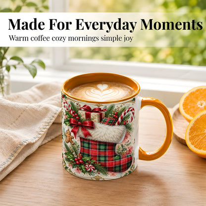 #pl[11oz|Orange] Plaid Christmas Stocking Coffee Mug, Holiday Mug, Ceramic Cup