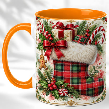 #pl[11oz|Orange] Plaid Christmas Stocking Coffee Mug, Holiday Mug, Ceramic Cup