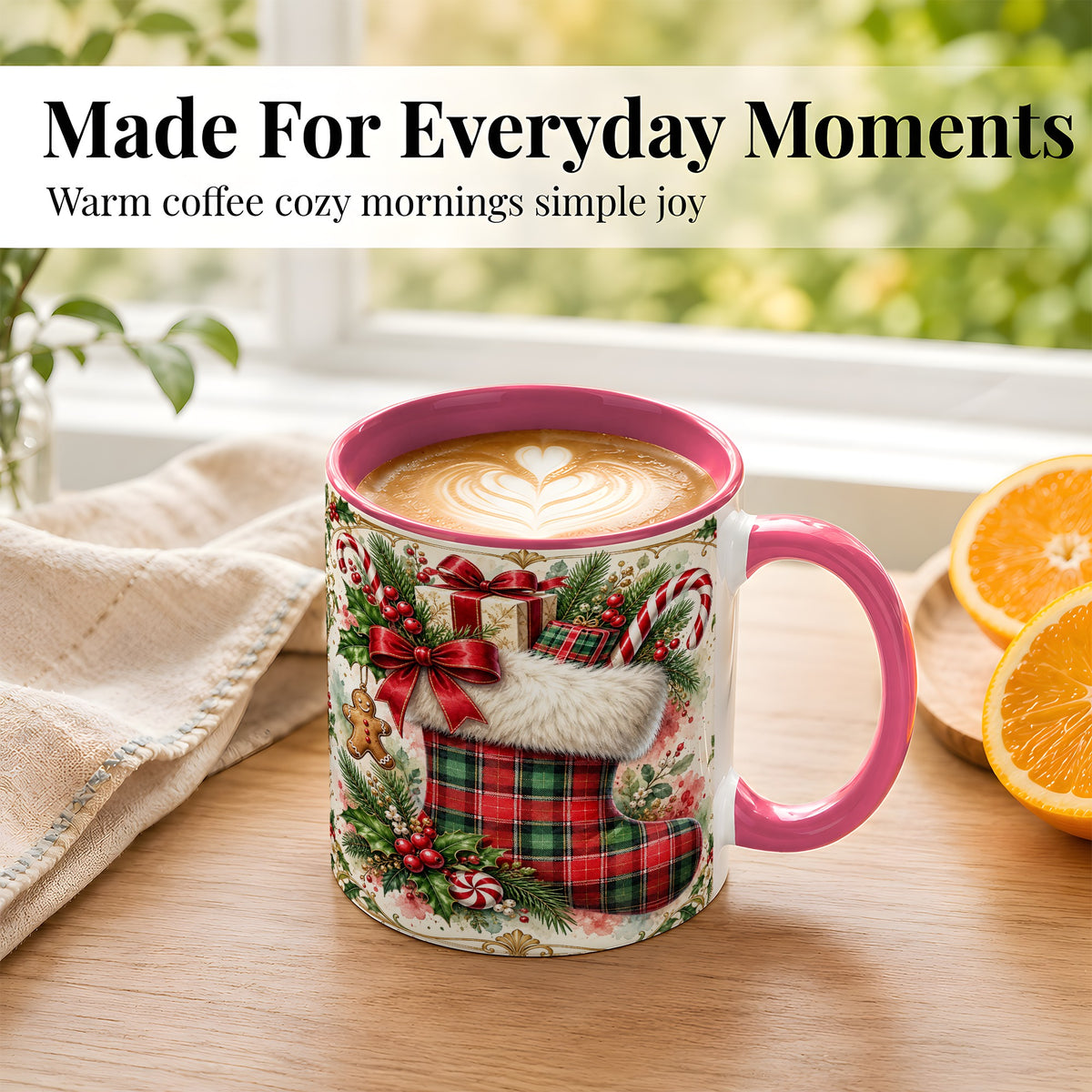 #pl[11oz|Pink] Plaid Christmas Stocking Coffee Mug, Holiday Mug, Ceramic Cup