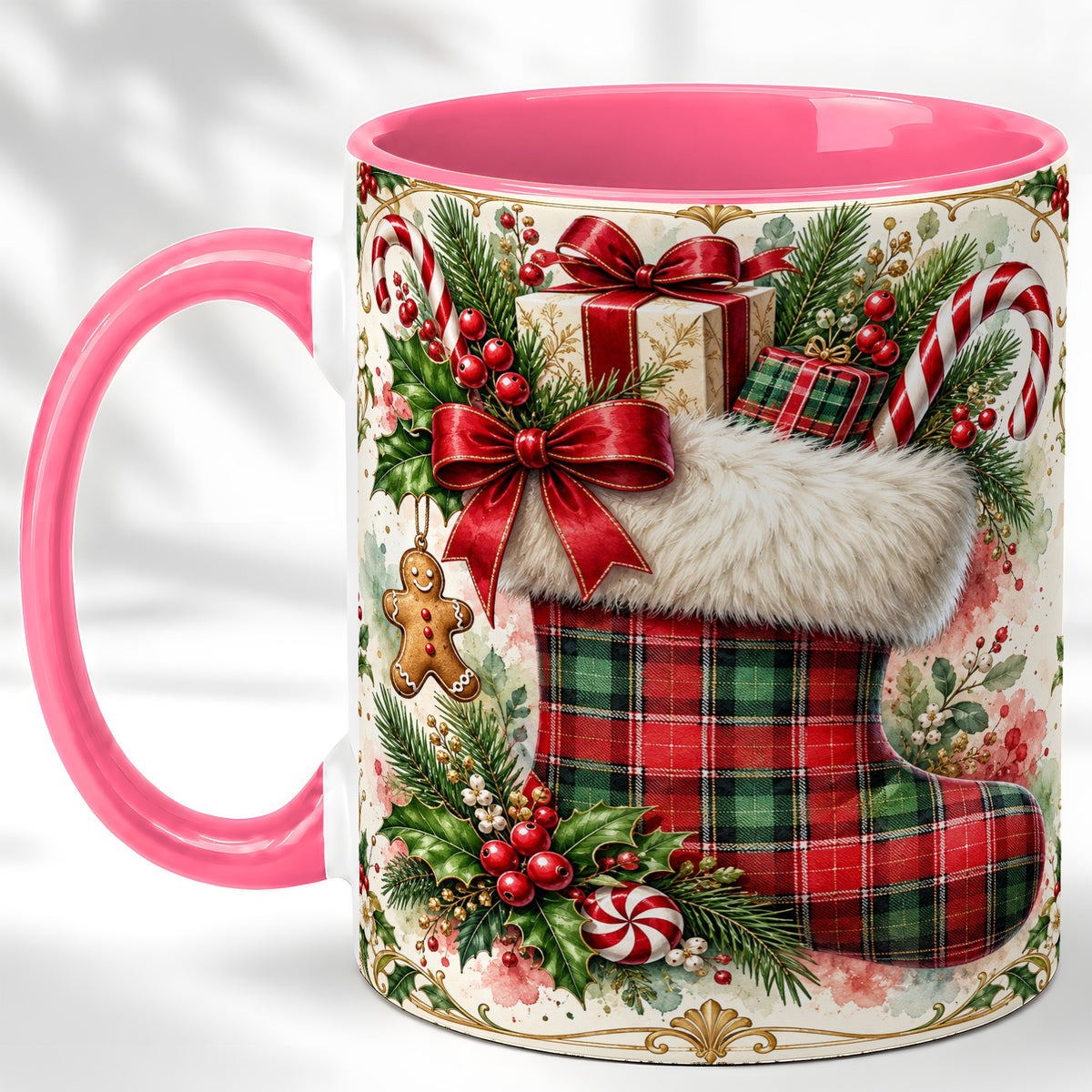 #pl[11oz|Pink] Plaid Christmas Stocking Coffee Mug, Holiday Mug, Ceramic Cup