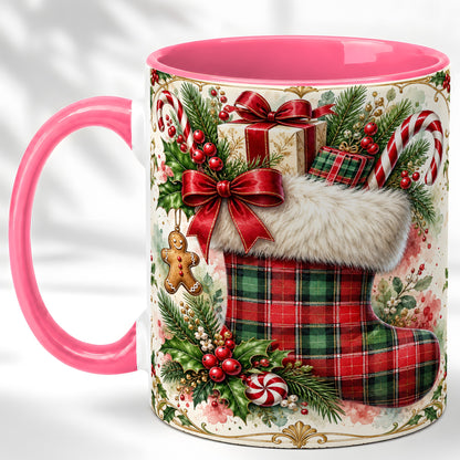 #pl[11oz|Pink] Plaid Christmas Stocking Coffee Mug, Holiday Mug, Ceramic Cup