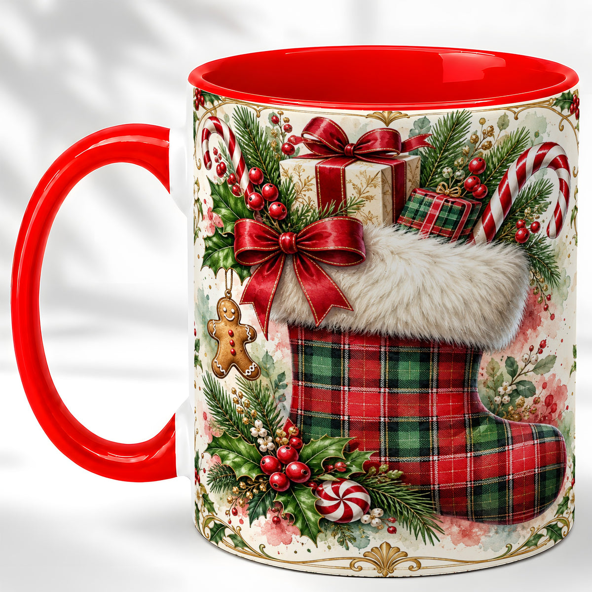 Plaid Christmas Stocking Coffee Mug, Holiday Mug, Ceramic Cup