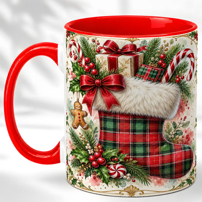 Plaid Christmas Stocking Coffee Mug, Holiday Mug, Ceramic Cup