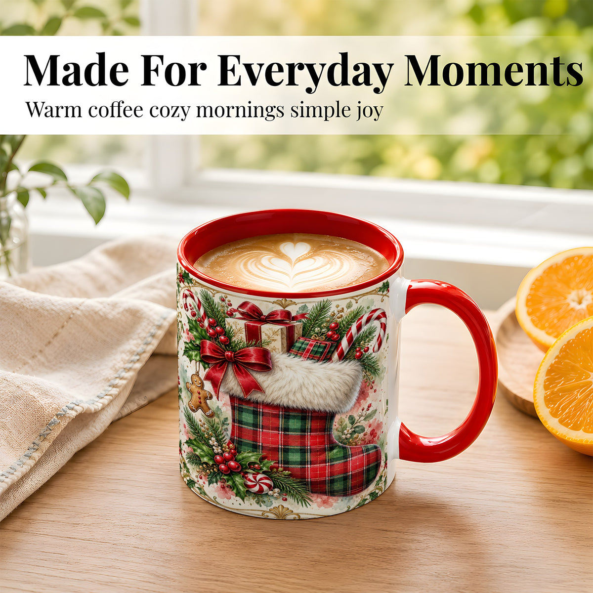 #pl[11oz|Red] Plaid Christmas Stocking Coffee Mug, Holiday Mug, Ceramic Cup