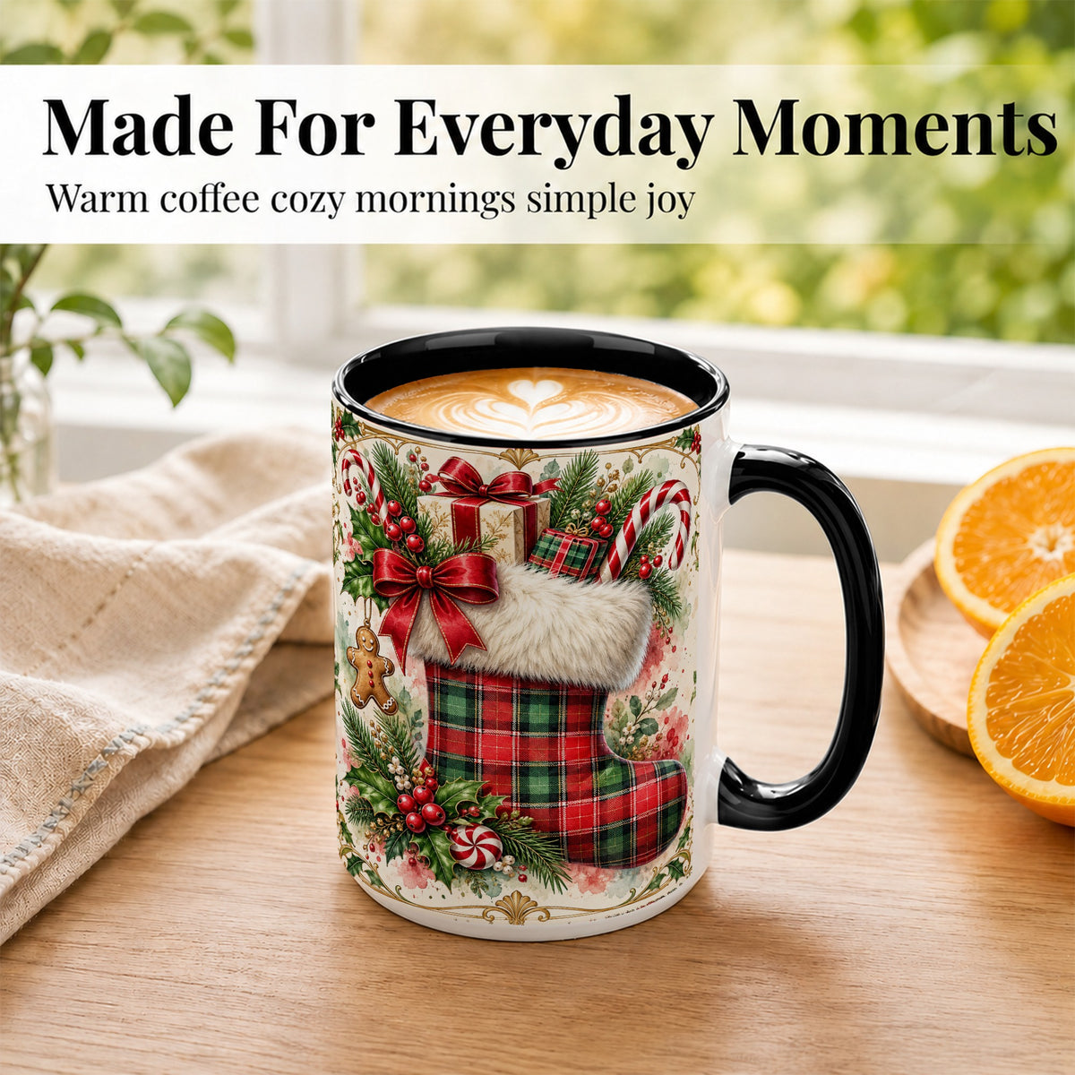#pl[15oz|Black] Plaid Christmas Stocking Coffee Mug, Holiday Mug, Ceramic Cup