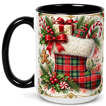 #pl[15oz|Black] Plaid Christmas Stocking Coffee Mug, Holiday Mug, Ceramic Cup
