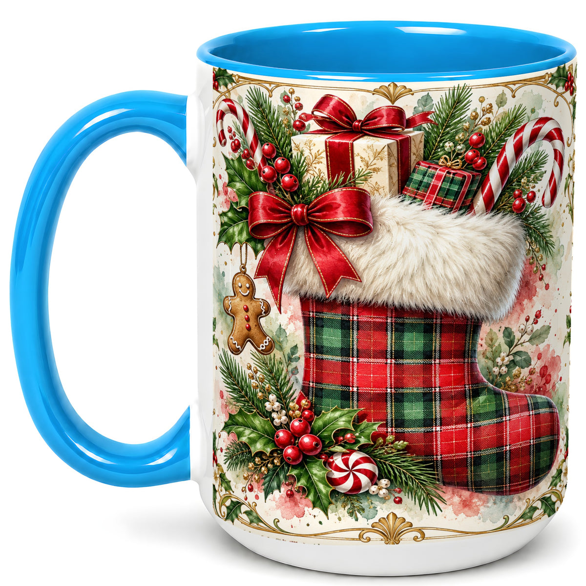 #pl[15oz|Blue] Plaid Christmas Stocking Coffee Mug, Holiday Mug, Ceramic Cup