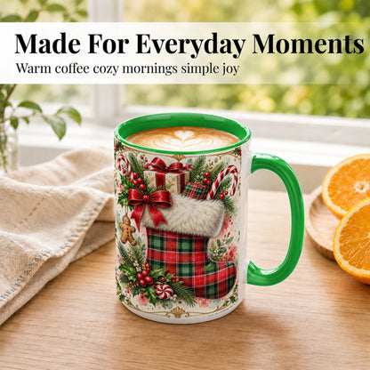 #pl[15oz|Green] Plaid Christmas Stocking Coffee Mug, Holiday Mug, Ceramic Cup