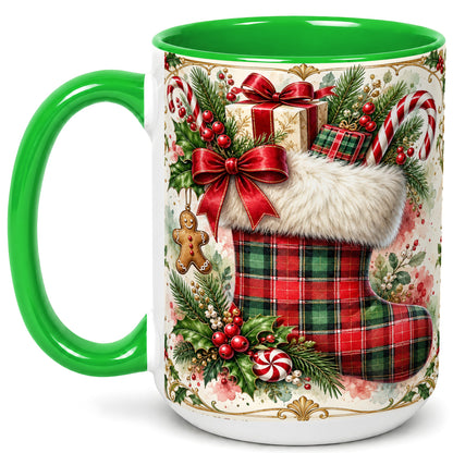 #pl[15oz|Green] Plaid Christmas Stocking Coffee Mug, Holiday Mug, Ceramic Cup