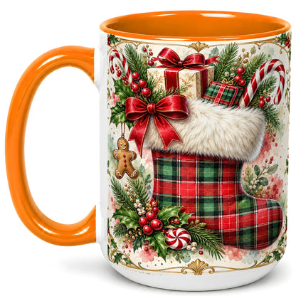 #pl[15oz|Orange] Plaid Christmas Stocking Coffee Mug, Holiday Mug, Ceramic Cup