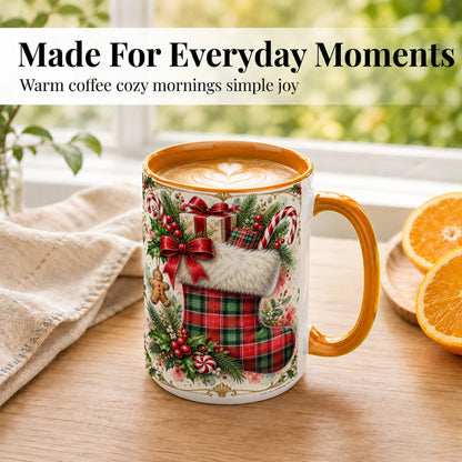 #pl[15oz|Orange] Plaid Christmas Stocking Coffee Mug, Holiday Mug, Ceramic Cup