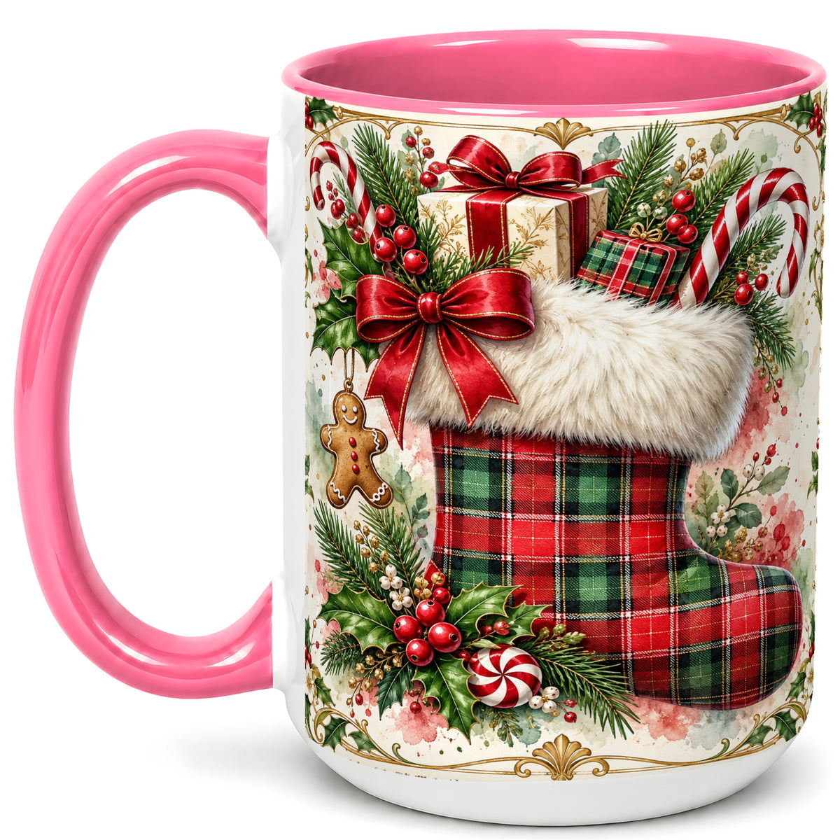 #pl[15oz|Pink] Plaid Christmas Stocking Coffee Mug, Holiday Mug, Ceramic Cup