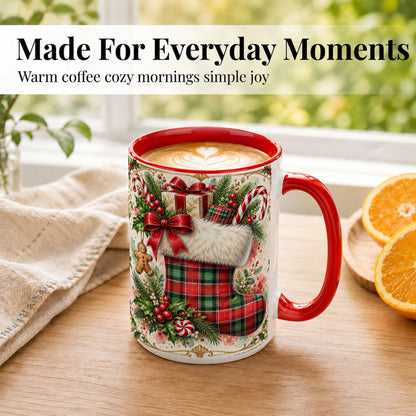 #pl[15oz|Red] Plaid Christmas Stocking Coffee Mug, Holiday Mug, Ceramic Cup