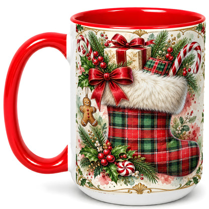 #pl[15oz|Red] Plaid Christmas Stocking Coffee Mug, Holiday Mug, Ceramic Cup
