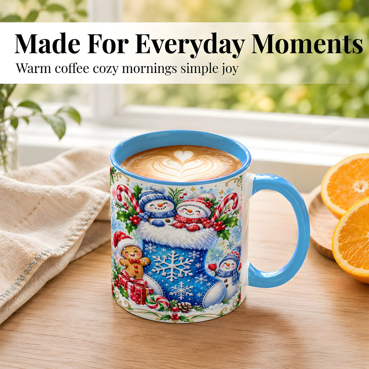 #pl[11oz|Blue] Snowman Stocking Coffee Mug, Christmas Mug, Ceramic Cup