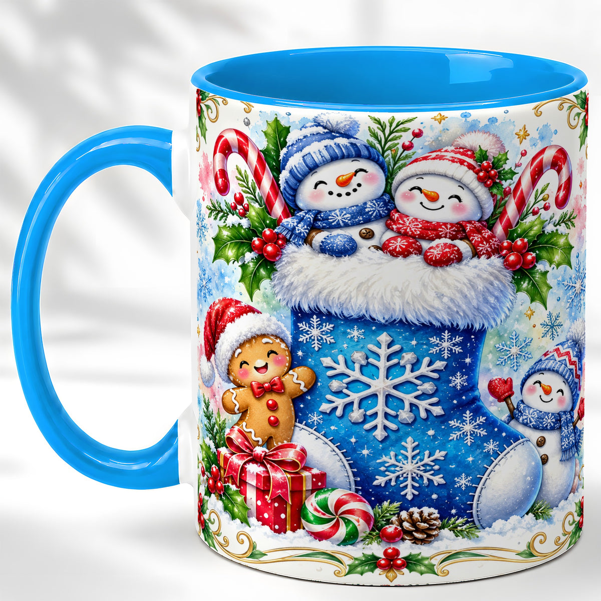 #pl[11oz|Blue] Snowman Stocking Coffee Mug, Christmas Mug, Ceramic Cup