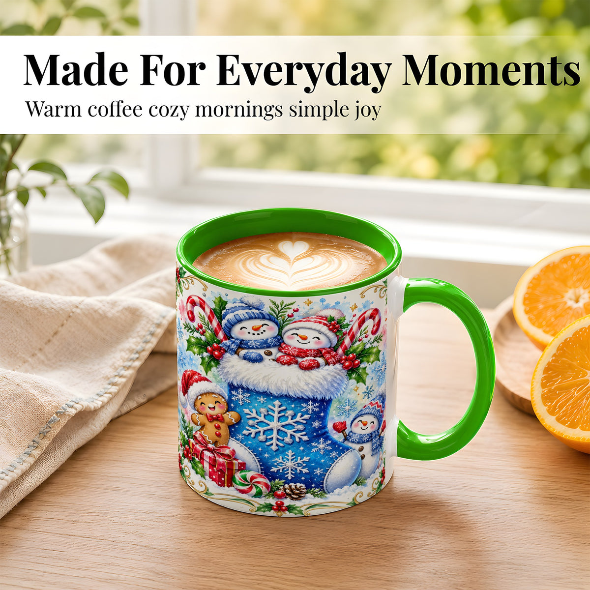 #pl[11oz|Green] Snowman Stocking Coffee Mug, Christmas Mug, Ceramic Cup