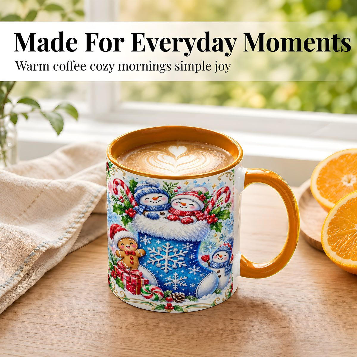 #pl[11oz|Orange] Snowman Stocking Coffee Mug, Christmas Mug, Ceramic Cup
