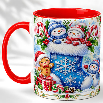 Snowman Stocking Coffee Mug, Christmas Mug, Ceramic Cup