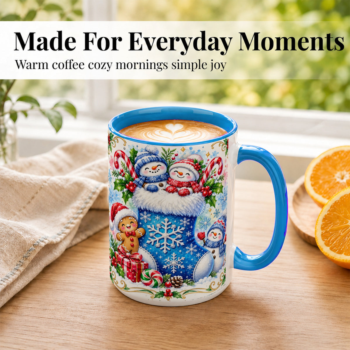 #pl[15oz|Blue] Snowman Stocking Coffee Mug, Christmas Mug, Ceramic Cup