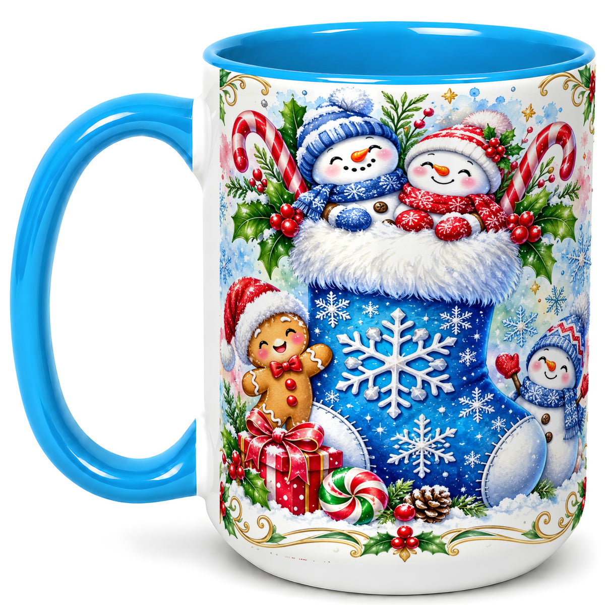#pl[15oz|Blue] Snowman Stocking Coffee Mug, Christmas Mug, Ceramic Cup