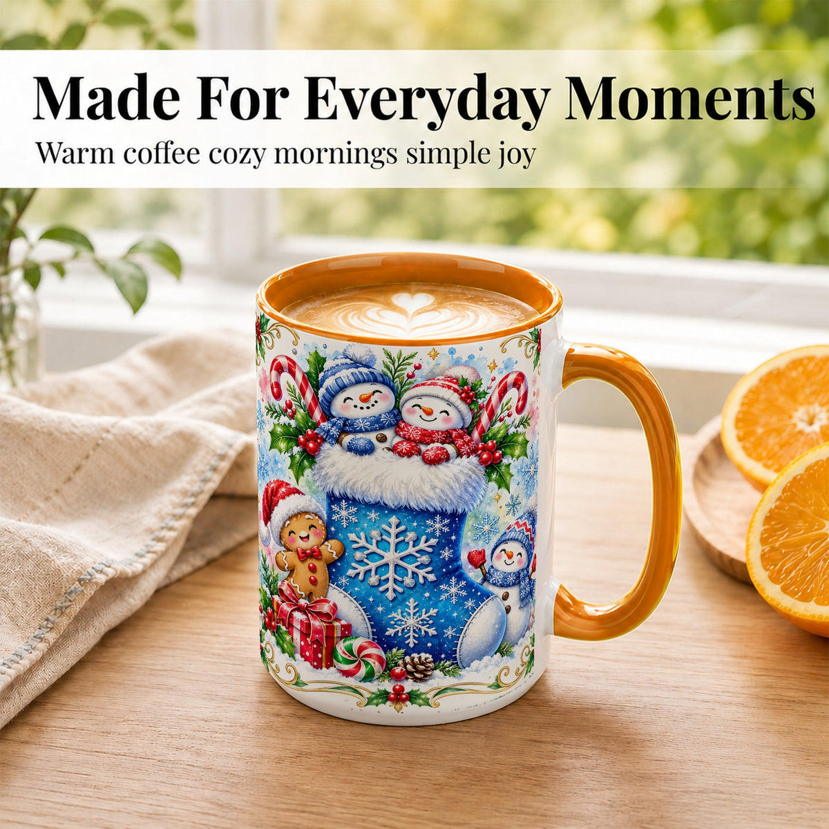 #pl[15oz|Orange] Snowman Stocking Coffee Mug, Christmas Mug, Ceramic Cup