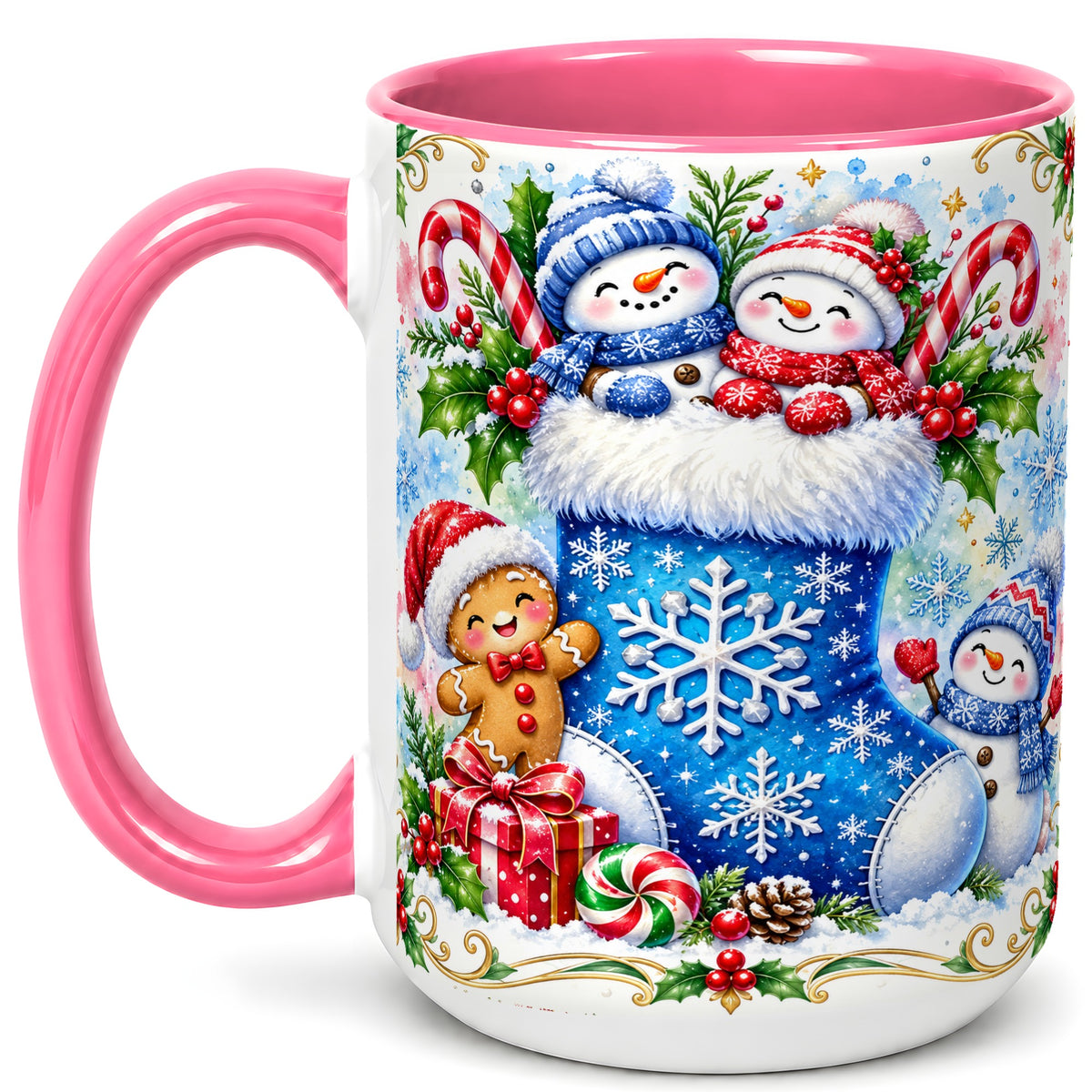 #pl[15oz|Pink] Snowman Stocking Coffee Mug, Christmas Mug, Ceramic Cup