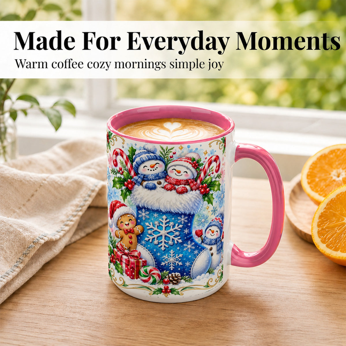 #pl[15oz|Pink] Snowman Stocking Coffee Mug, Christmas Mug, Ceramic Cup