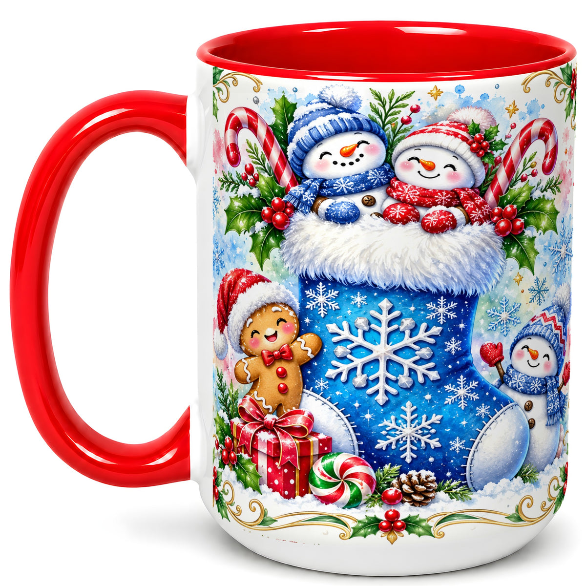 #pl[15oz|Red] Snowman Stocking Coffee Mug, Christmas Mug, Ceramic Cup