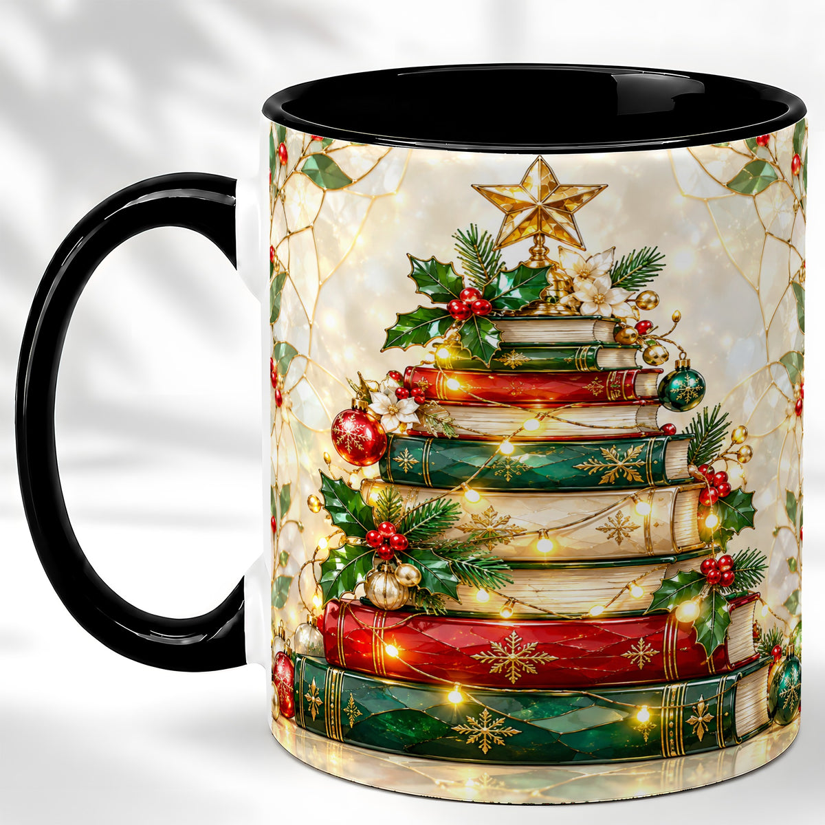 #pl[11oz|Black] Christmas Book Tree Coffee Mug, Holiday Mug, Ceramic Cup