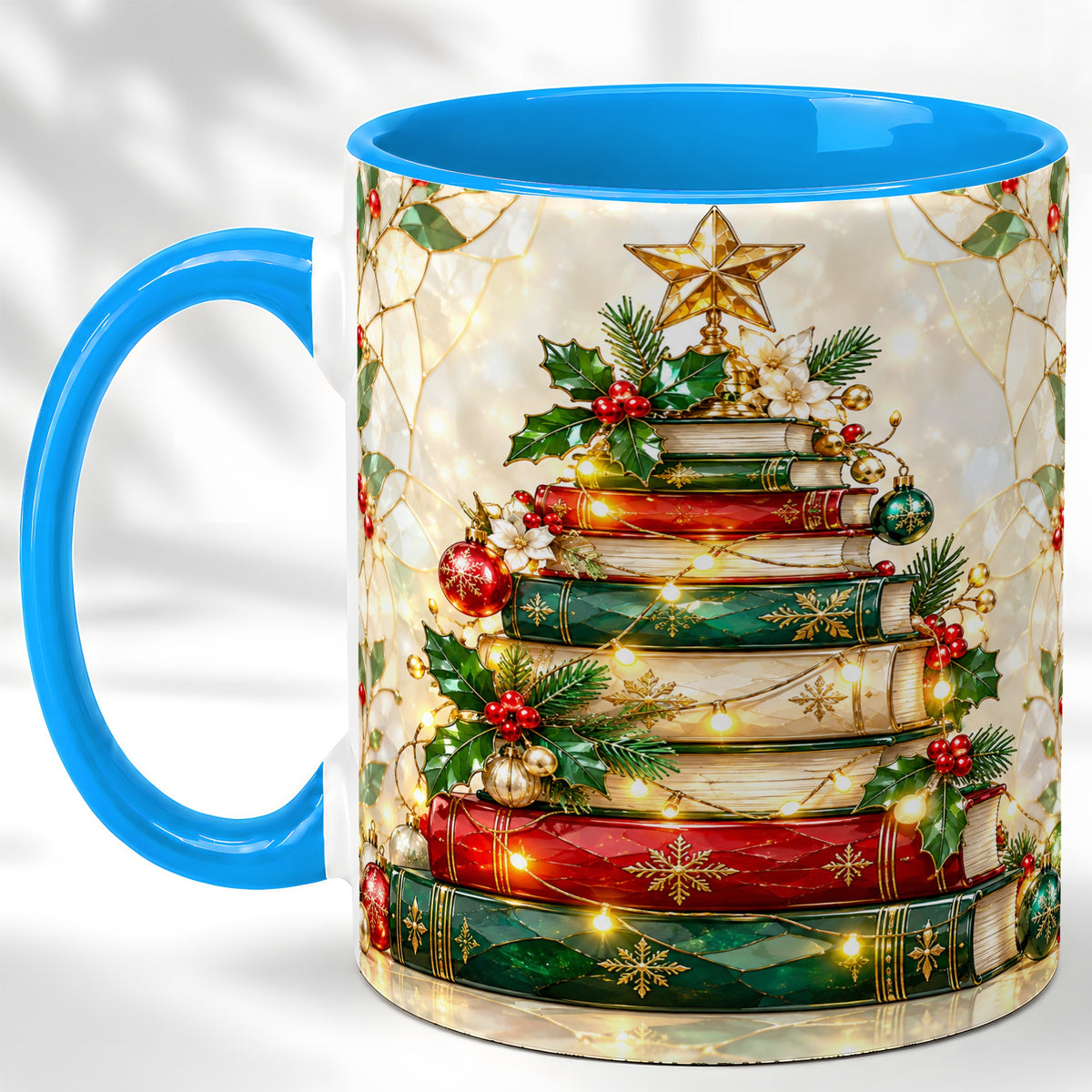#pl[11oz|Blue] Christmas Book Tree Coffee Mug, Holiday Mug, Ceramic Cup