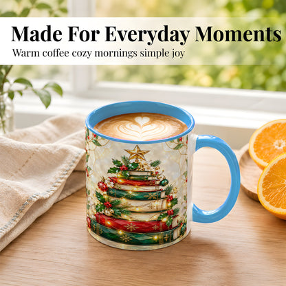 #pl[11oz|Blue] Christmas Book Tree Coffee Mug, Holiday Mug, Ceramic Cup