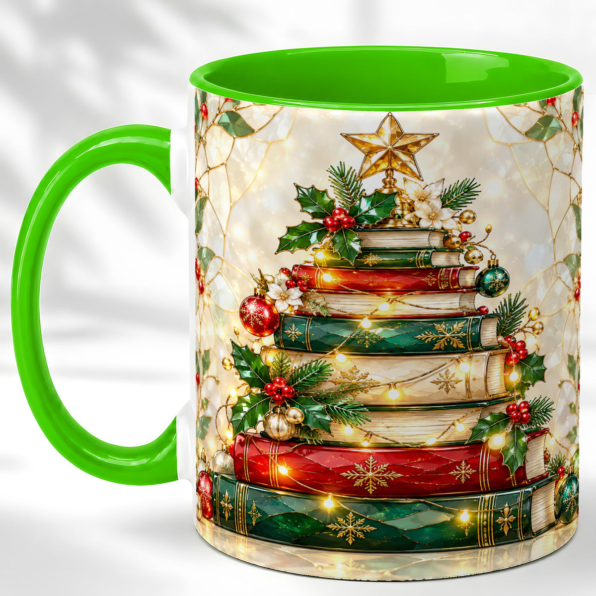 #pl[11oz|Green] Christmas Book Tree Coffee Mug, Holiday Mug, Ceramic Cup