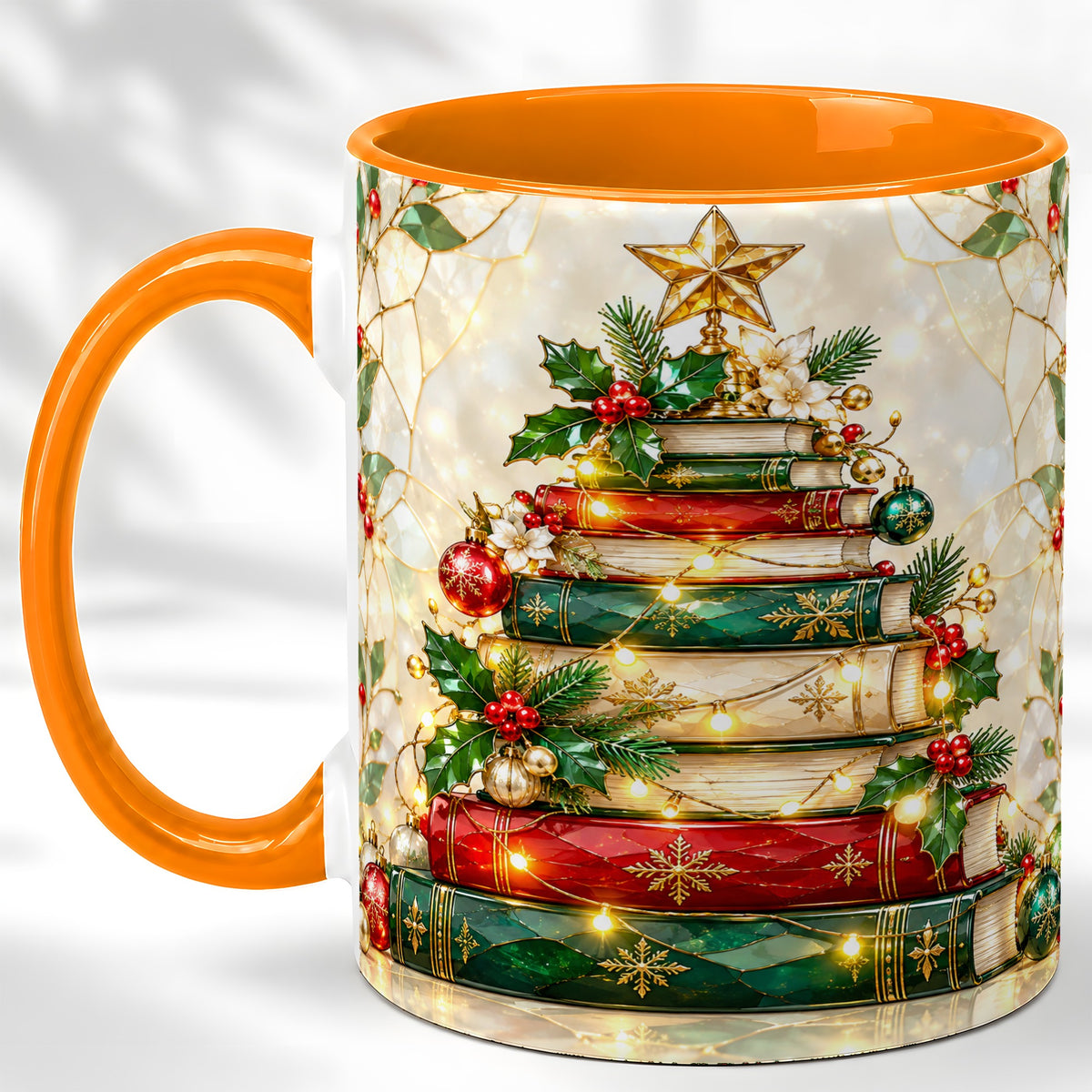 #pl[11oz|Orange] Christmas Book Tree Coffee Mug, Holiday Mug, Ceramic Cup