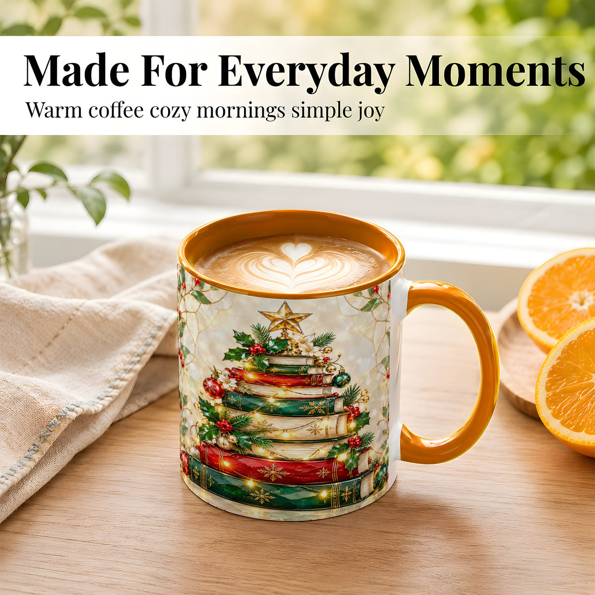 #pl[11oz|Orange] Christmas Book Tree Coffee Mug, Holiday Mug, Ceramic Cup