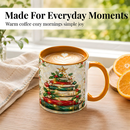 #pl[11oz|Orange] Christmas Book Tree Coffee Mug, Holiday Mug, Ceramic Cup