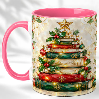 #pl[11oz|Pink] Christmas Book Tree Coffee Mug, Holiday Mug, Ceramic Cup
