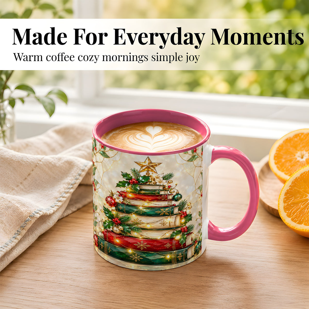 #pl[11oz|Pink] Christmas Book Tree Coffee Mug, Holiday Mug, Ceramic Cup