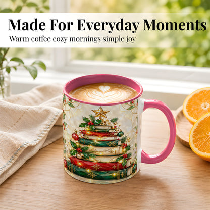 #pl[11oz|Pink] Christmas Book Tree Coffee Mug, Holiday Mug, Ceramic Cup