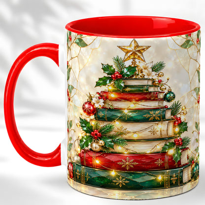 Christmas Book Tree Coffee Mug, Holiday Mug, Ceramic Cup