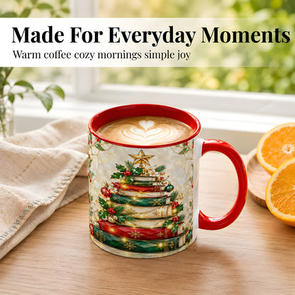 #pl[11oz|Red] Christmas Book Tree Coffee Mug, Holiday Mug, Ceramic Cup