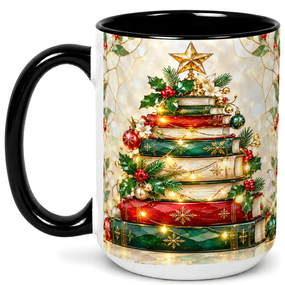 #pl[15oz|Black] Christmas Book Tree Coffee Mug, Holiday Mug, Ceramic Cup