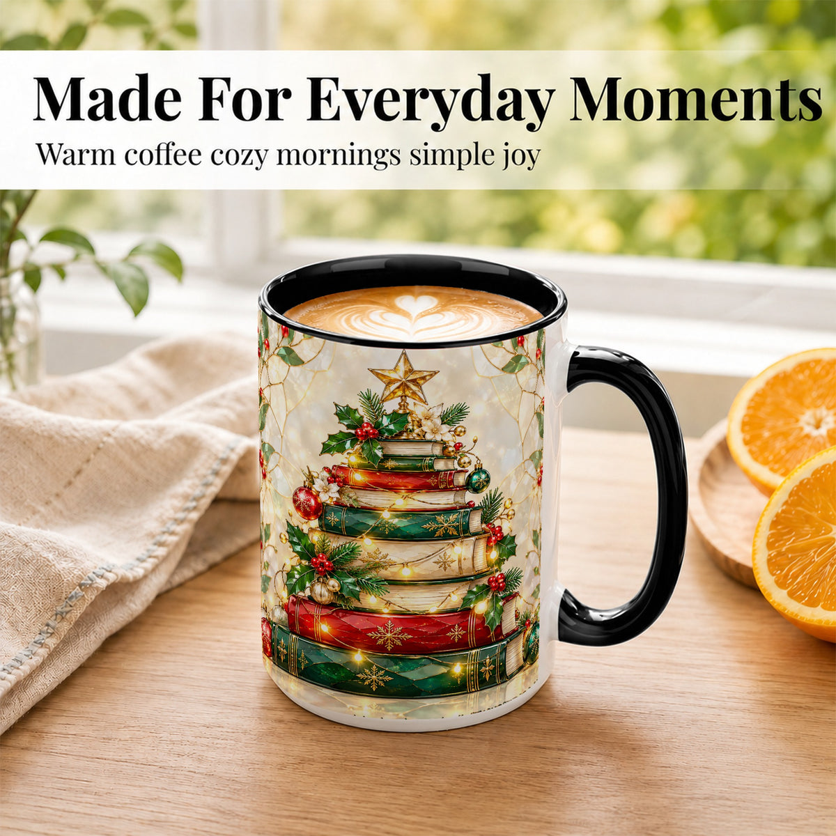 #pl[15oz|Black] Christmas Book Tree Coffee Mug, Holiday Mug, Ceramic Cup