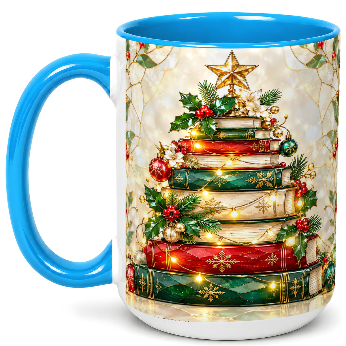 #pl[15oz|Blue] Christmas Book Tree Coffee Mug, Holiday Mug, Ceramic Cup