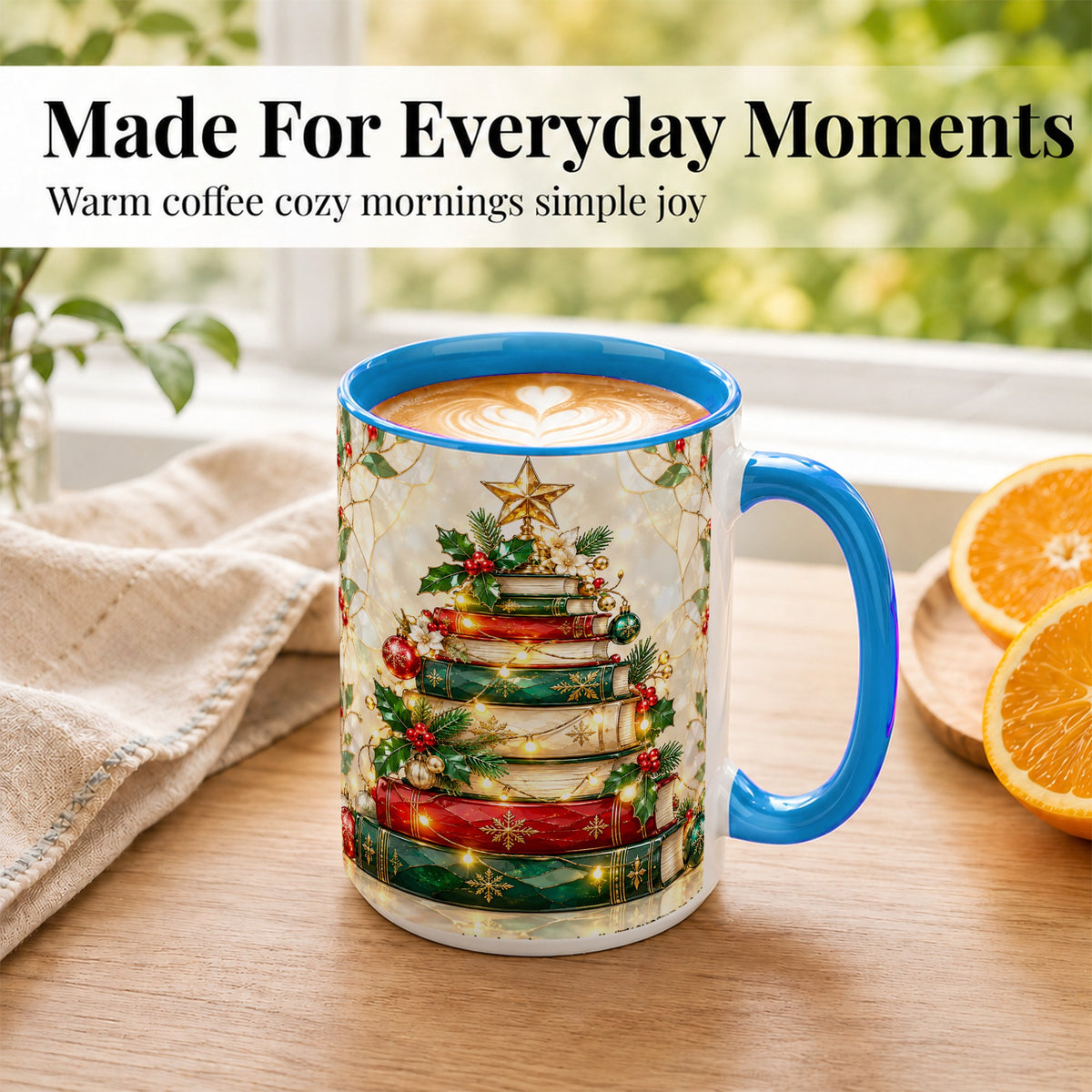 #pl[15oz|Blue] Christmas Book Tree Coffee Mug, Holiday Mug, Ceramic Cup