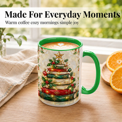 #pl[15oz|Green] Christmas Book Tree Coffee Mug, Holiday Mug, Ceramic Cup